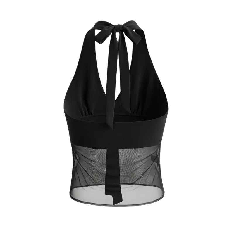 Vietnamese Sexy Halter Neck Strap Tank Top Feminine Mesh Transparent Slim Fit Large Open Back Short Camisole Top Casual RUKJ