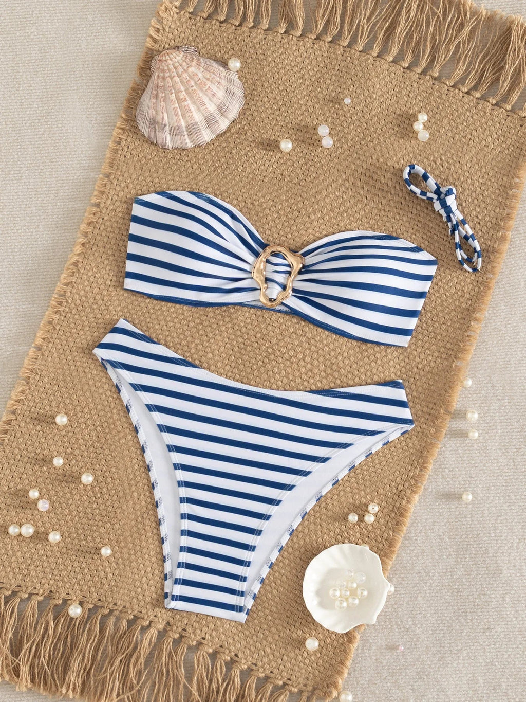 Sexy Blue Striped Micro Bikini 2026 Women Bandeau Front Metal Circle Push Up Bra High Waist Swimsuit Beach Bathing Suit Swimwear