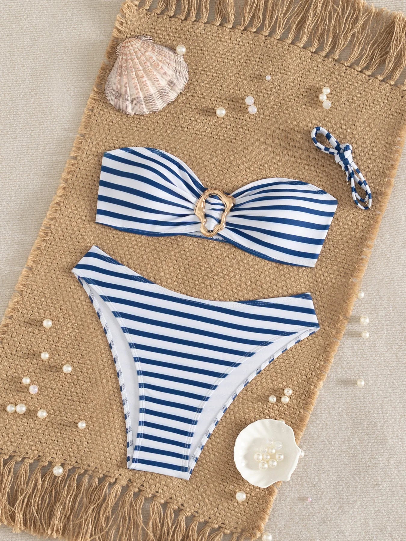 Sexy Blue Striped Micro Bikini 2026 Women Bandeau Front Metal Circle Push Up Bra High Waist Swimsuit Beach Bathing Suit Swimwear