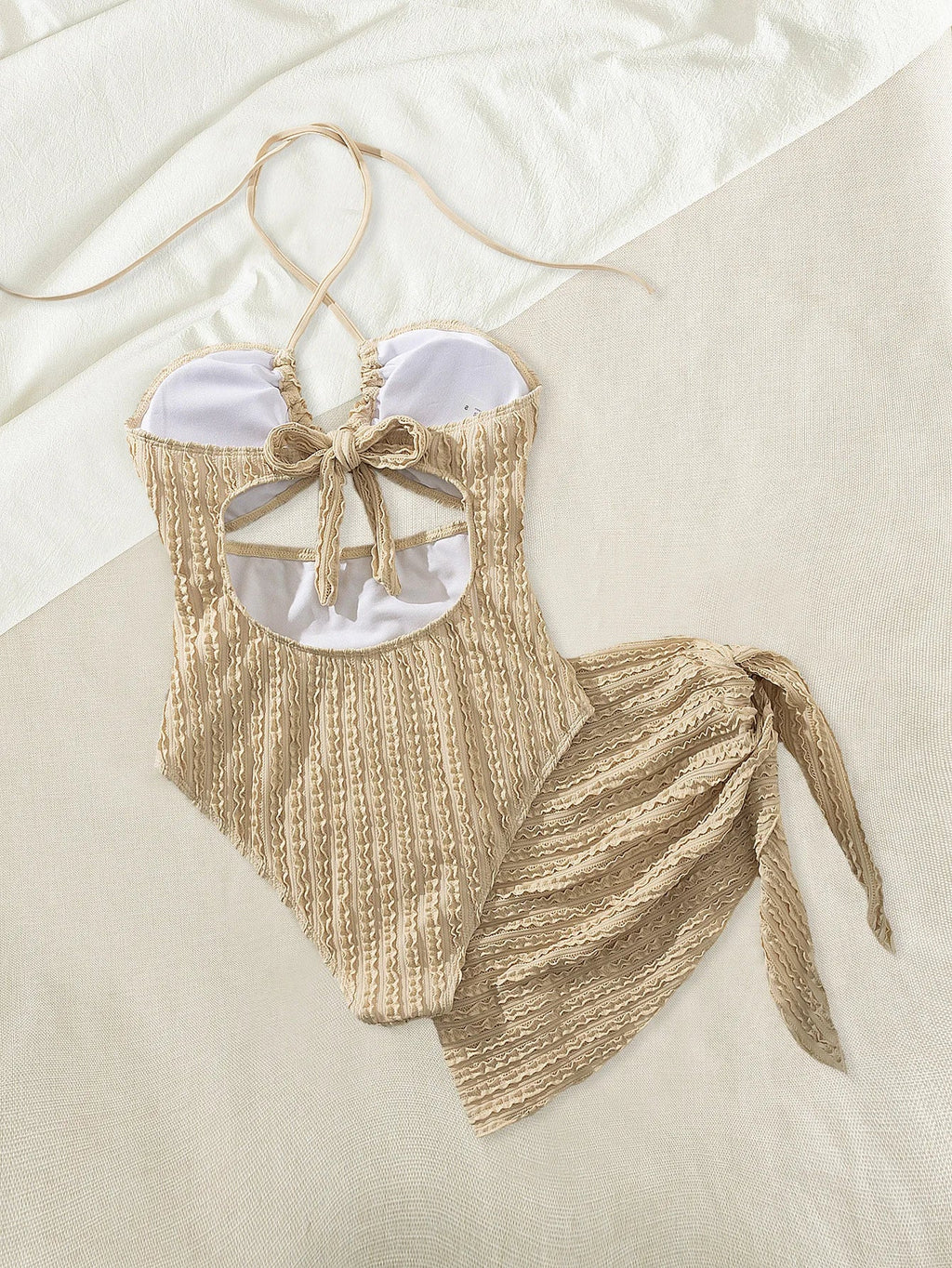 Vintage Khaki One Piece Swimsuit Mesh Skirt Set Women Halter Cross Hollow Out Slim Swimwear 2025 Bathing Suit Holiday Monokini
