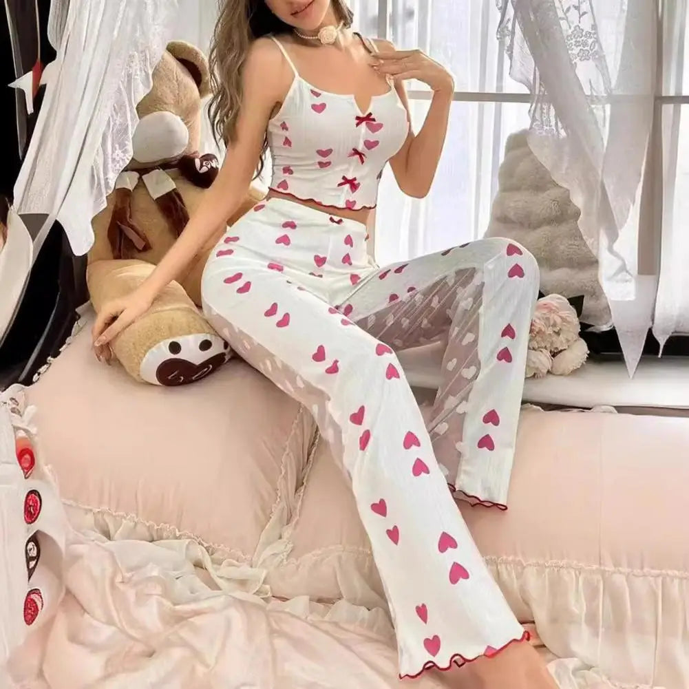 2 Pcs/Set Women Vest Pants Suit Homewear Sleepwear Outfit Bow Heart Print Sleeveless Shirring Edge Top Mesh Patchwork Trousers