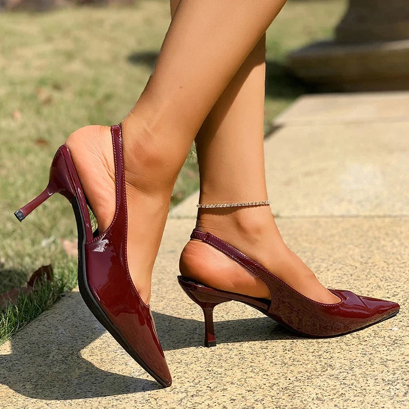 Sexy Leopard Print High Heel Mules Sandals Women Summer Patent Leather Pointed Toe Slingbacks Woman Plus Size 42 Slip On Sandals