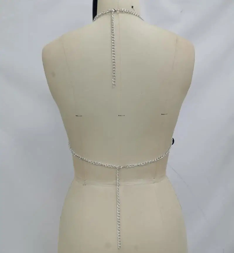 Women Fashion Rhinestone Metal Chain Halter Crop Top Hollow Out Mesh Backless Triangle Hem Y2K Club Party Sleeveless Cami Top