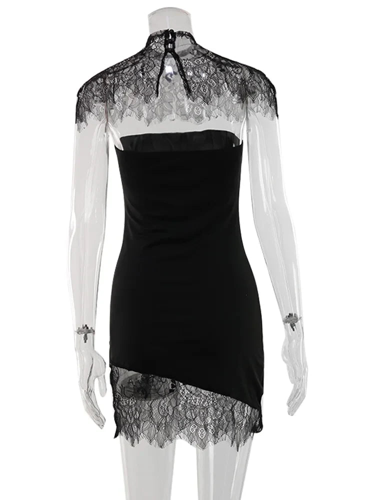 Ahagaga Sexy Women's Mini Dresses Solid Patchwork Lace Slash Sleeveless Sheath Bodycon Sheer Regular Casual Streetwear Vestidos