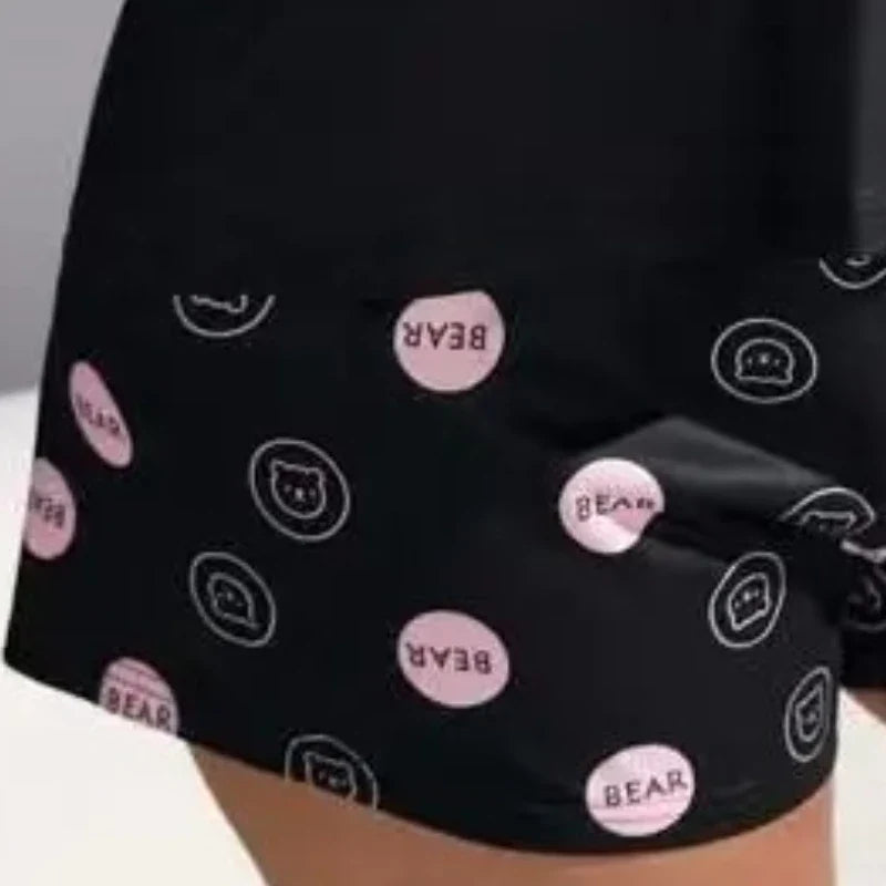 Plus Size Women's Pajamas Set Bear Print Sleeveless Screw Top & Shorts Female 2 Pieces Sleepwear Nightwear Homewear Cloth