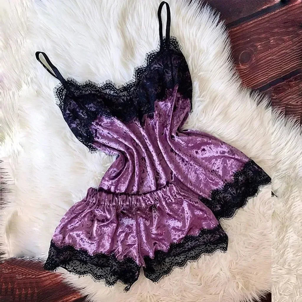 Summer Lace Sleepwear Sexy Satin Pajamas Set Women Nightshirt 2 Pieces Crop Tops and Shorts Set Homewear Loungewear