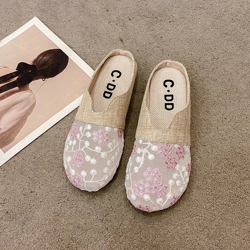 Breathable Mesh Linen Slippers For Women Summer Flat Shoes Anti-slip Female Indoor Outdoor Slides Office Lady Walking Sandals