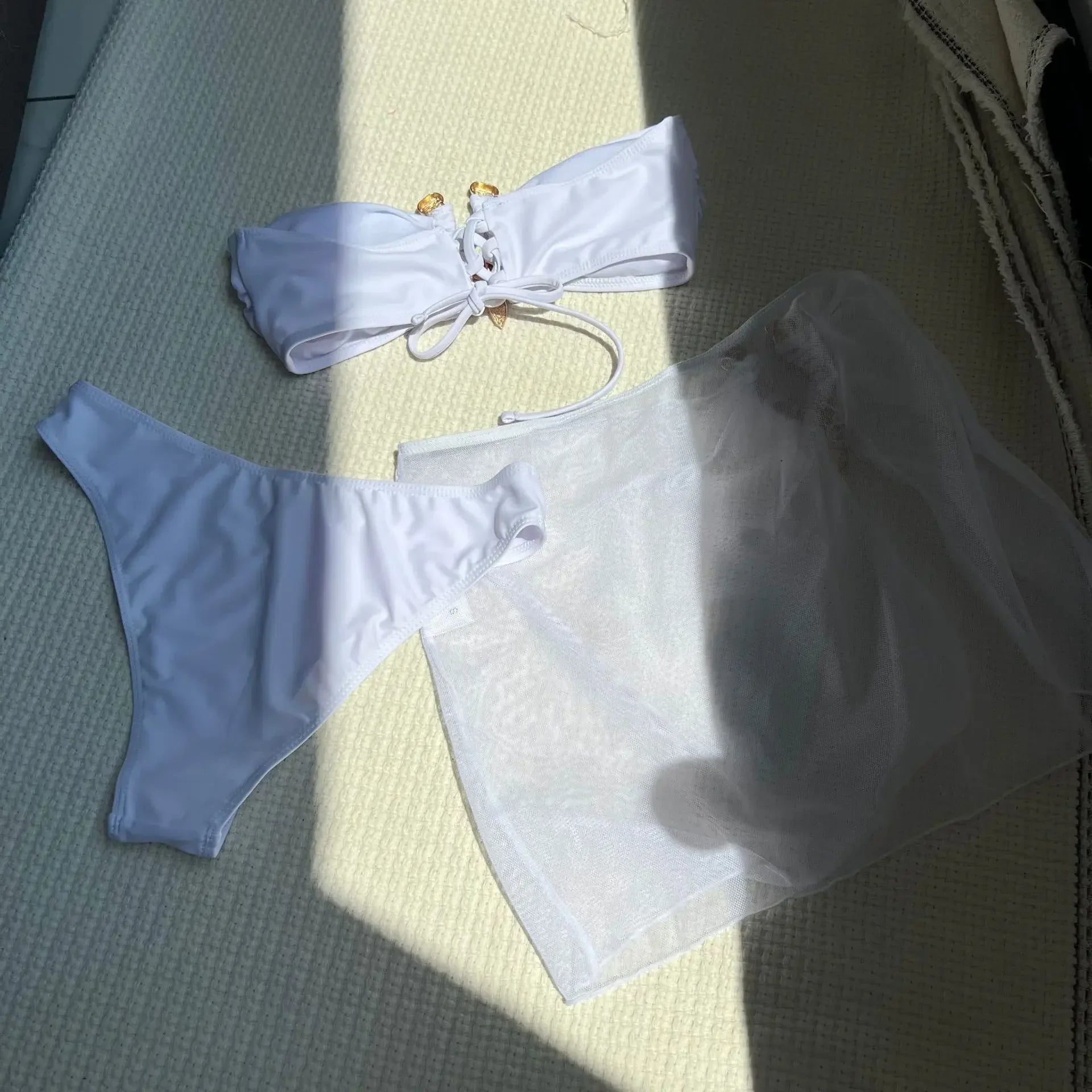 With Mesh Skirt Bandeau Bikini Women Swimwear Female Swimsuit Three-pieces Bikini Set Metal Ring Bathing Suit Swim Beachwear