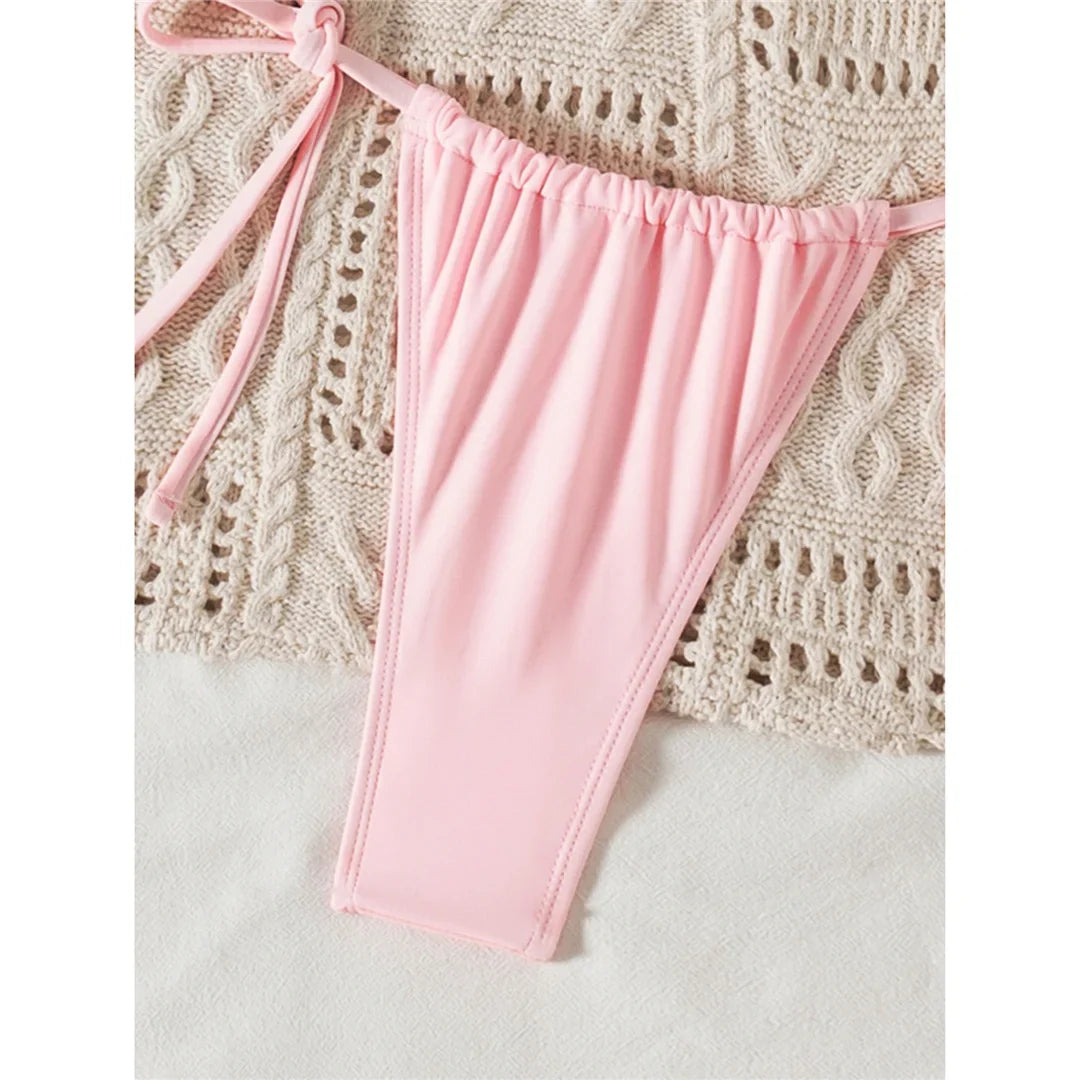 3D Flowers Halter High Leg Cut Thong Bikini Female Swimsuit Women Swimwear Two-Pieces Bikini Set Bather Bathing Suit Swim V6962