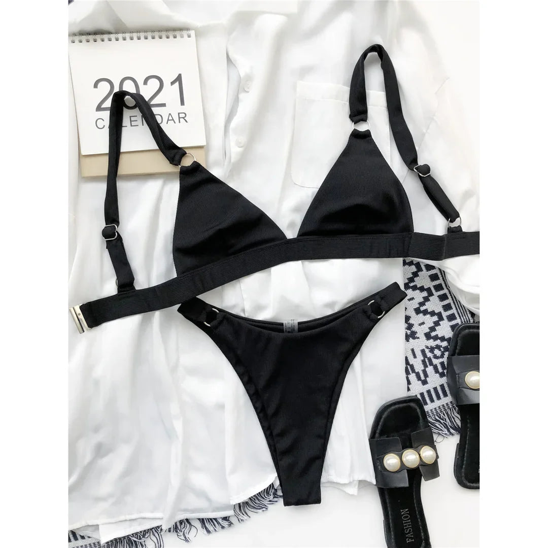 Sexy High Leg Cut Ribbed Bikini Women Swimwear Female Swimsuit Two-Pieces Bikini Set Padded Bather Bathing Suit Swim Lady V3255