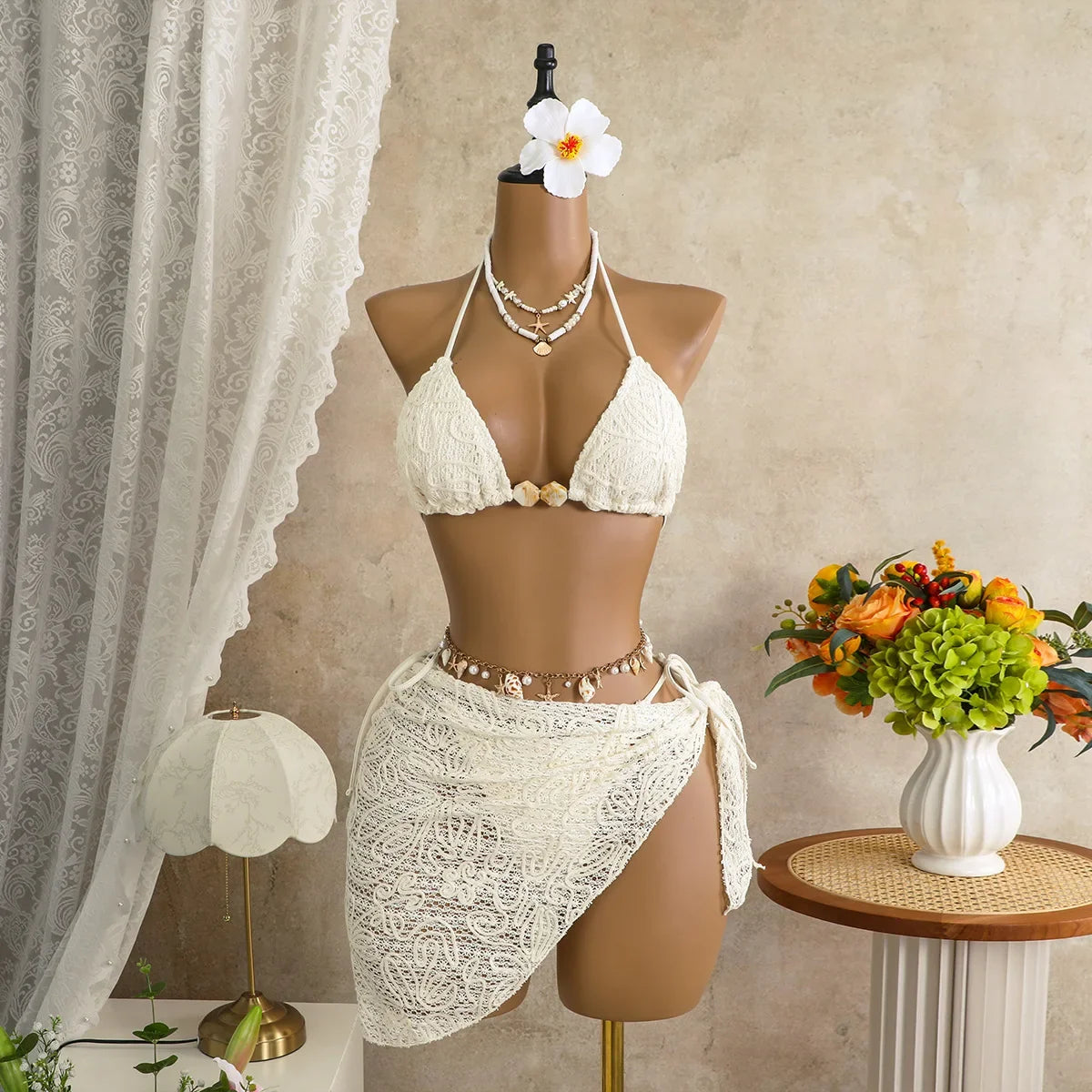 Vintage Pink Mesh Skirt 3 Piece Bikini Set Women Stone Strap Push Up Bra Triangle Swimsuit Holiday Bathing Suit Swimwear 2026
