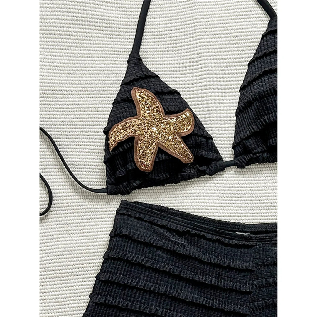 Sequins Starfish Halter High Waist Bikini Female Swimsuit Women Swimwear Two-Pieces Bikini Set Bather Bathing Suit Swim V8215