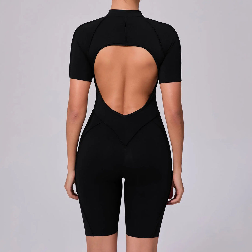 Summer Zipper Short Sleeve Yoga Jumpsuit Women Outerwear Sports Fitness Hip-lifting Backless One-piece Workout Gym Tracksutis