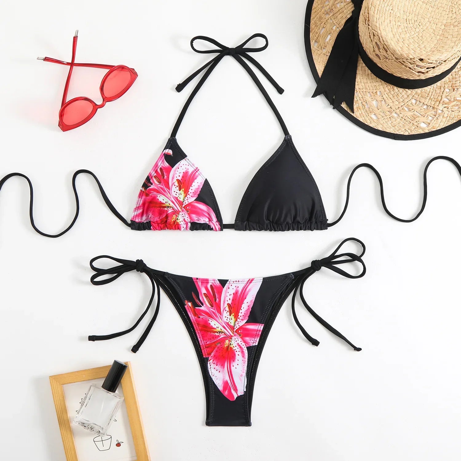 Sexy Micro Bikini 2025 Women Black Floral Print Push Up Bra Tie Side Thong Swimsuit Brazilian Beach Bathing Suit Pool Swimwear