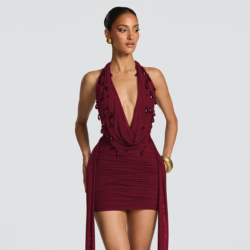 FDYOUI Elegant Halter Neck Water Drop Decoration Party Club Dress for Women 2026 Backless Bandage Folds Short Evening Dresses