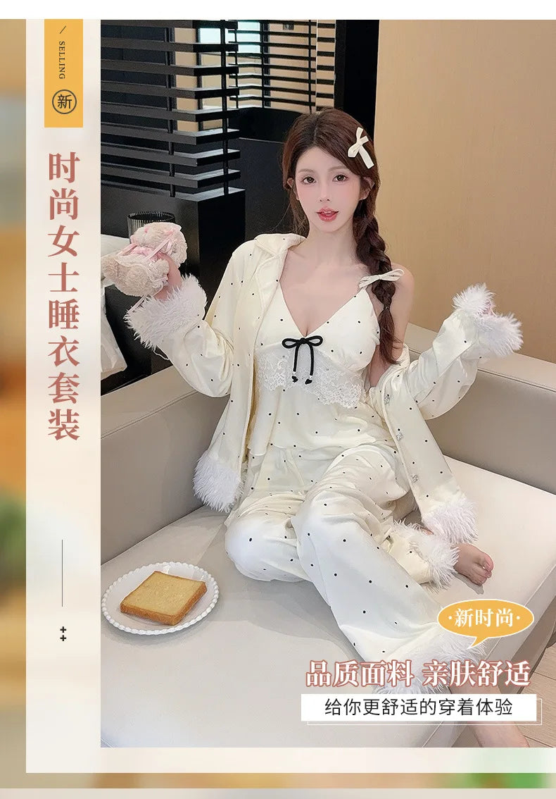 Fashionable Home Pajamas Three-piece Set Island Velvet Pajamas Spring and Autumn Suspenders Sexy Homewear Casual Suit