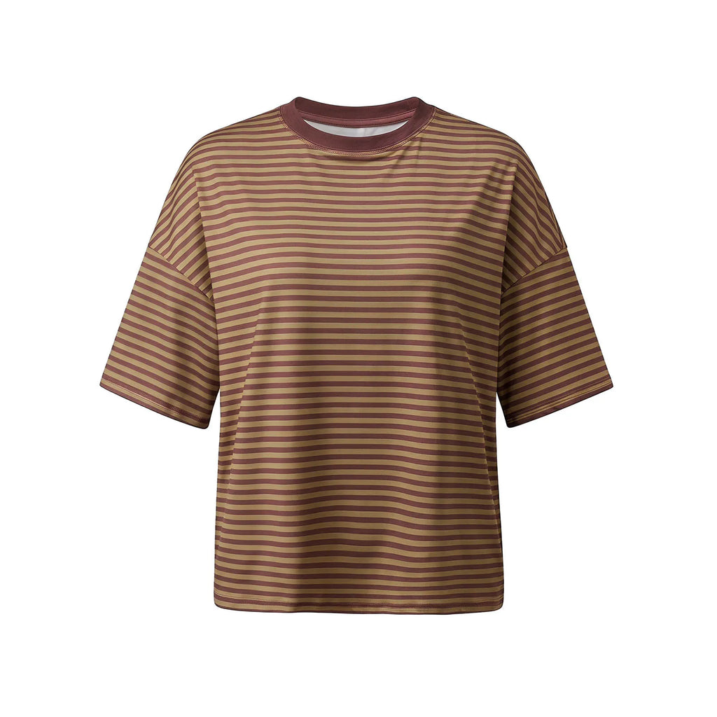 Summer Women's Loose T-shirt Casual Stylish Striped Crew Neck Short Sleeve Drop Shoulder Tee Tops