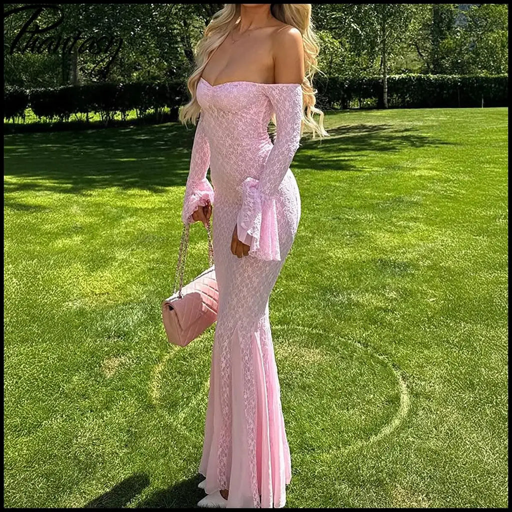 Elegant French Style Pink Long Dress Women Lace Long Sleeved Dress Evening Gown Party Wedding Dress up Lady Spring Summer Outfit