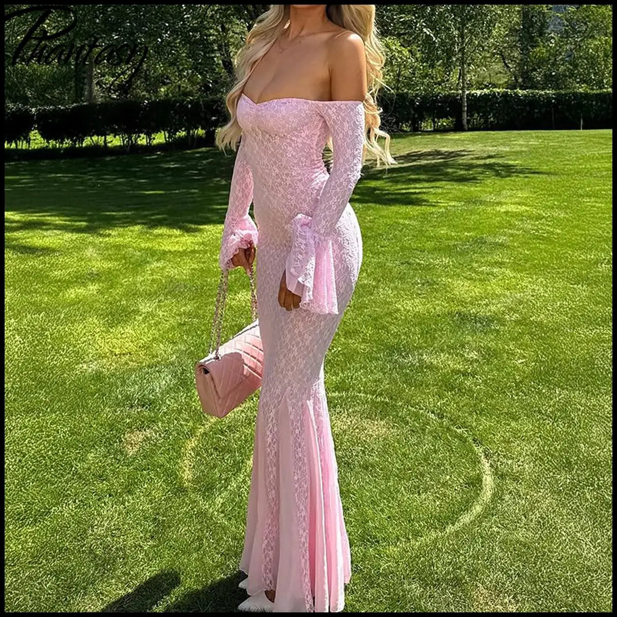 Elegant French Style Pink Long Dress Women Lace Long Sleeved Dress Evening Gown Party Wedding Dress up Lady Spring Summer Outfit