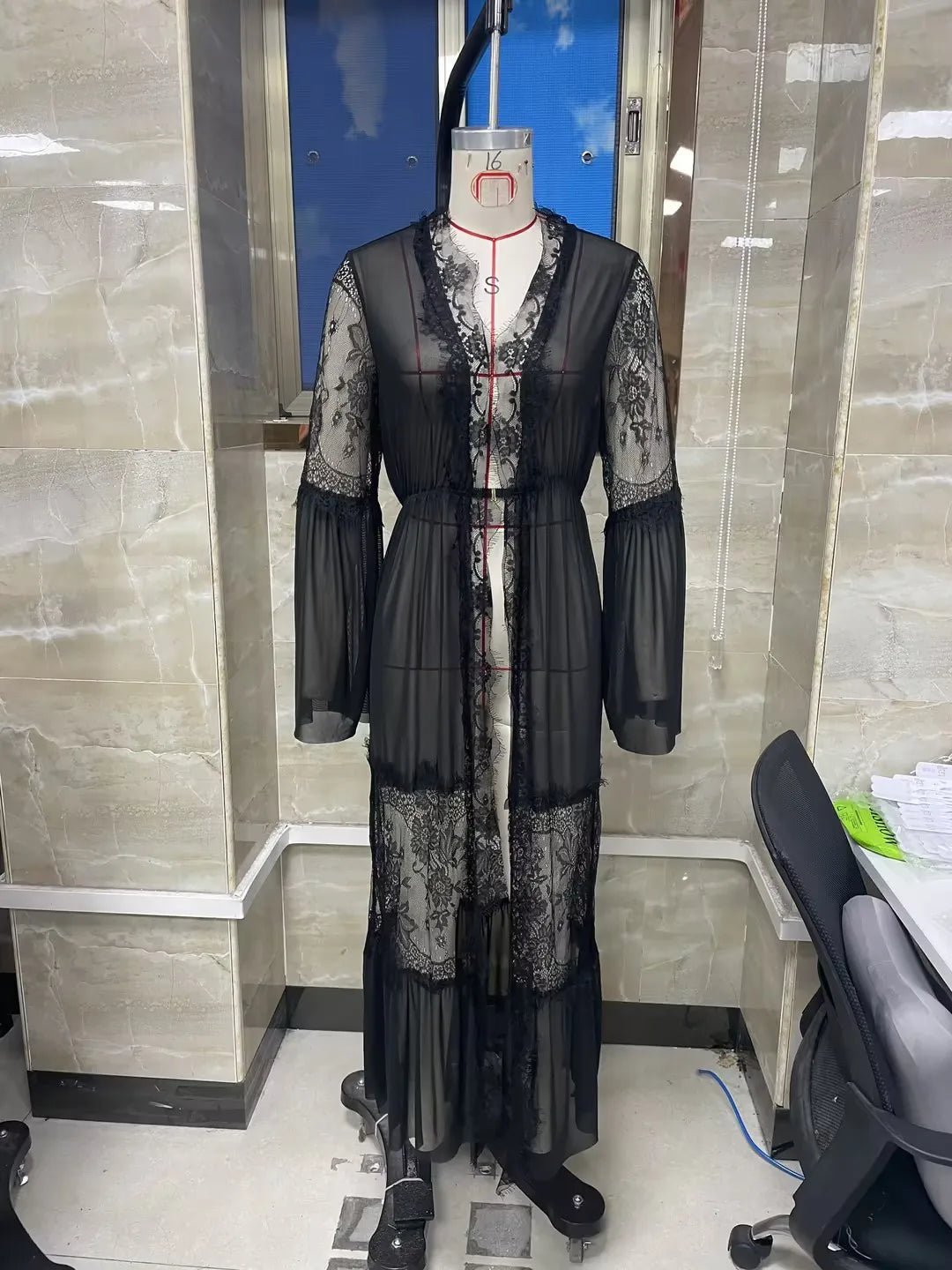 Women Black Sheer Lace Maxi Robe Bell Sleeve V Neck Ruffle Hem Mesh Loungewear Elegant Nightgown Cover Up for Ladies