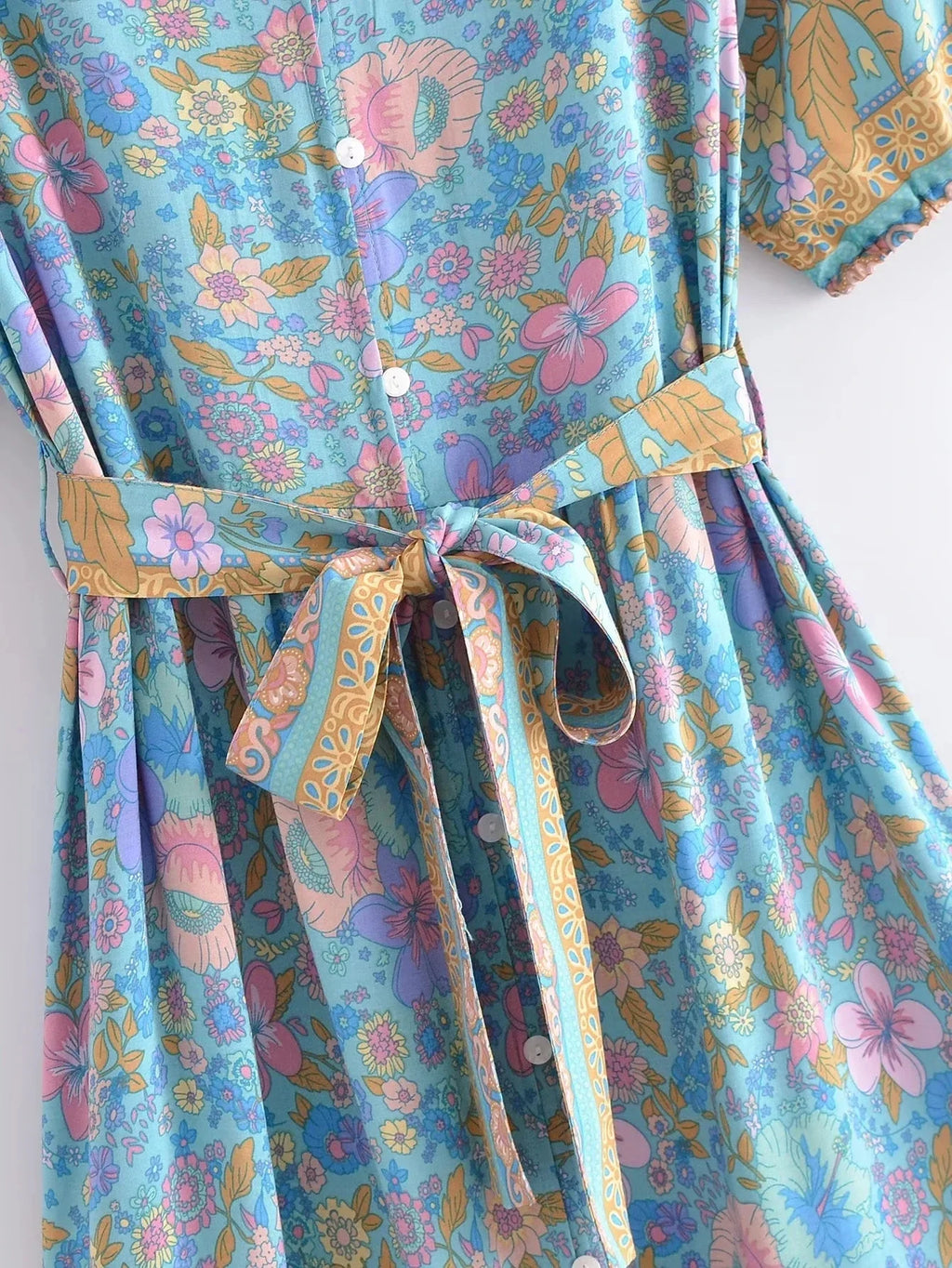 Foridol Single Breasted Bohemian Holiday Summer Women Dress Belt Casual Loose Maxi Floral Dress Short Sleeve Long Viscose Dress
