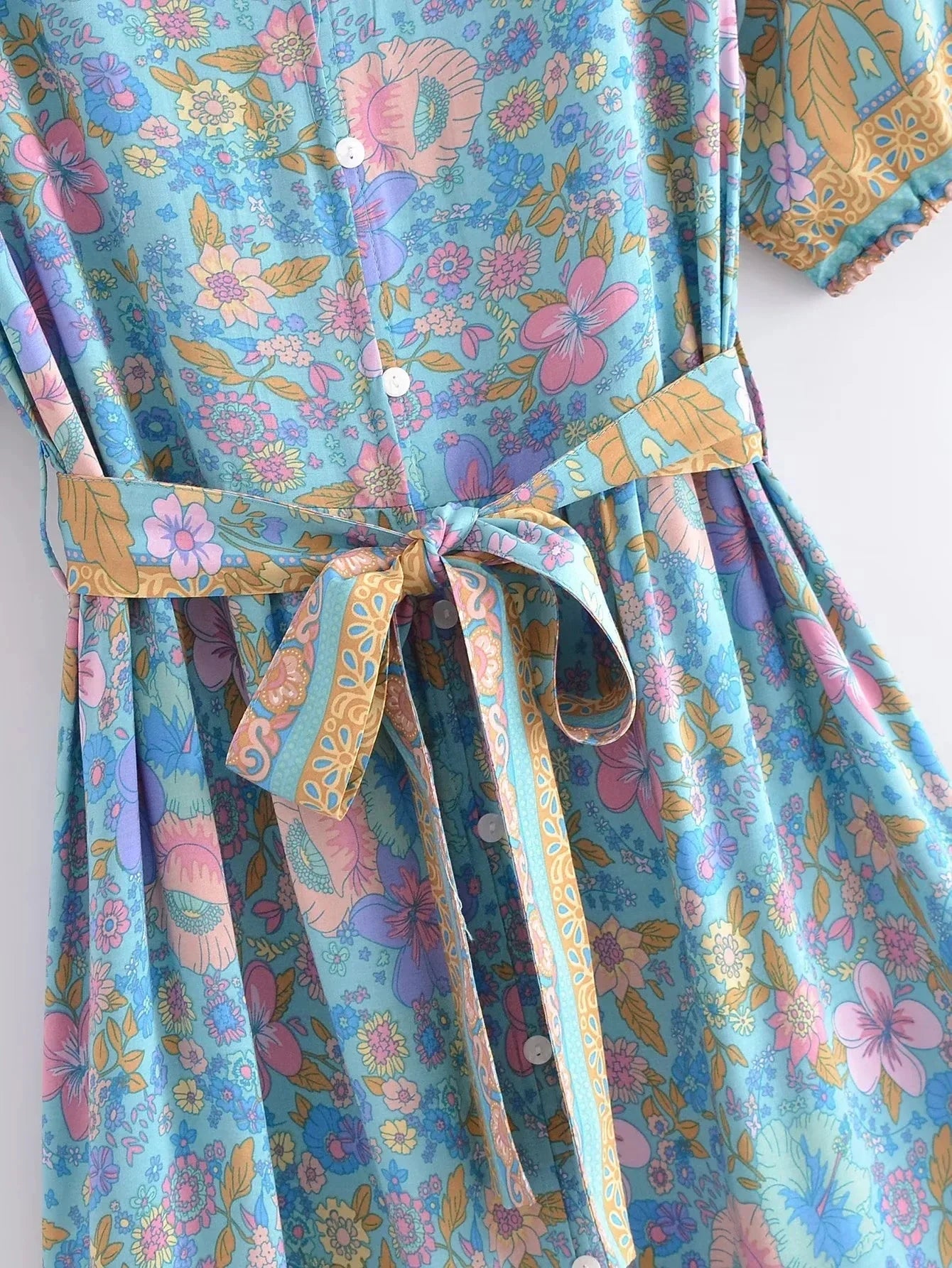 Foridol Single Breasted Bohemian Holiday Summer Women Dress Belt Casual Loose Maxi Floral Dress Short Sleeve Long Viscose Dress