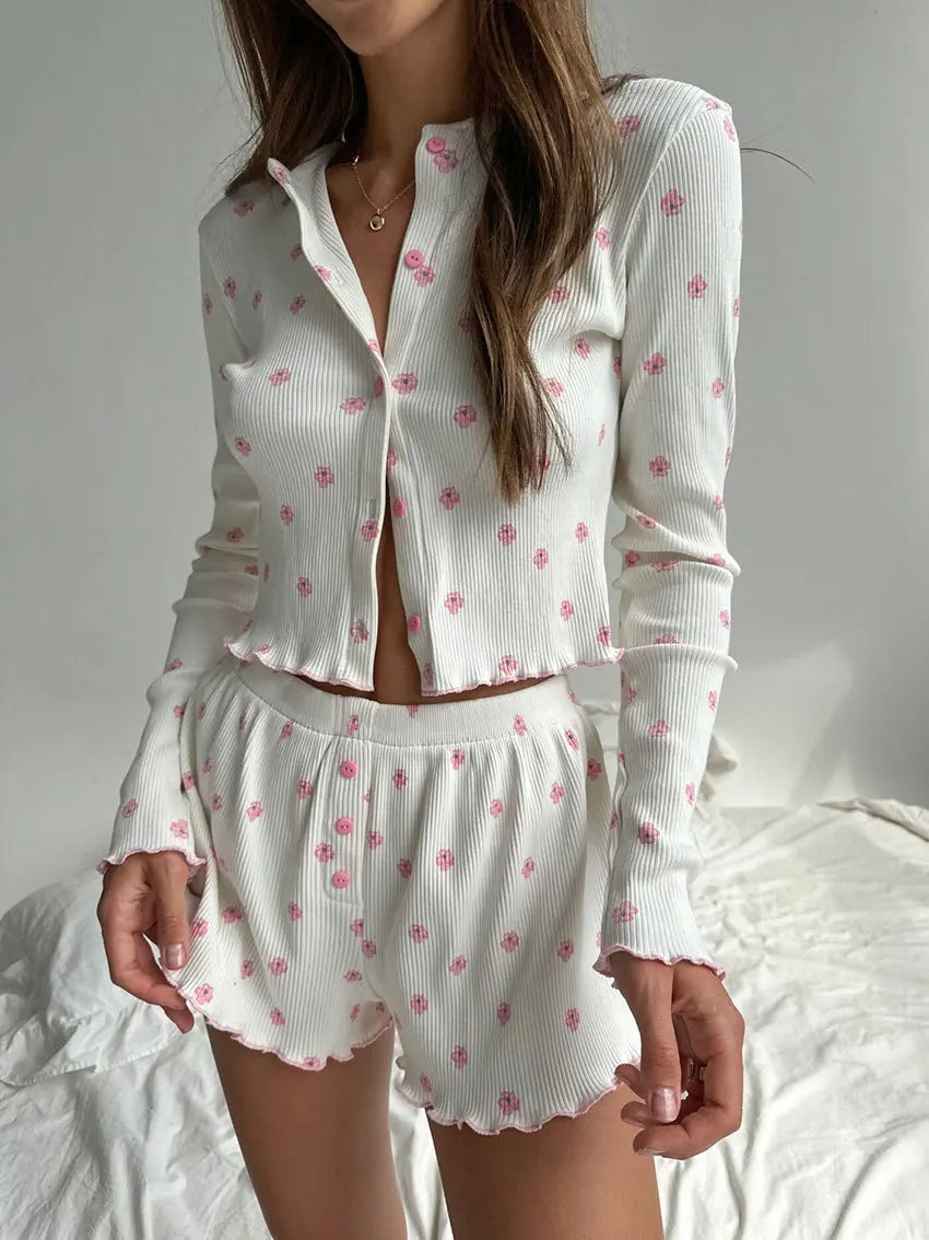 Women Ribbed Knitted Pajama Sets Floral Print Long Sleeve Top and Shorts Casual Loungewear Home Clothes Sleepwear