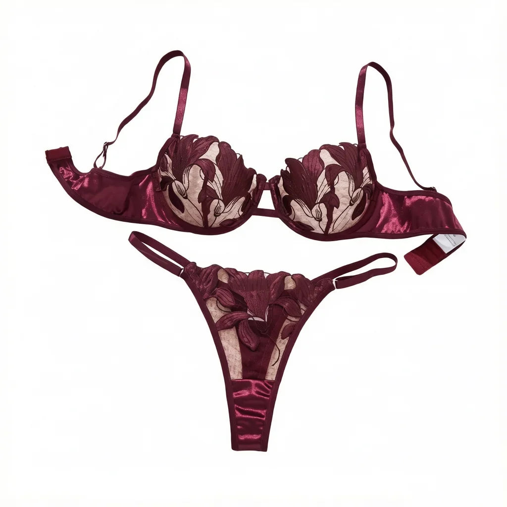 Burgundy Floral Embroidery Satin Lingerie Set Sheer Mesh Underwire Bra & Thong Women Sexy Underwear ZA824031