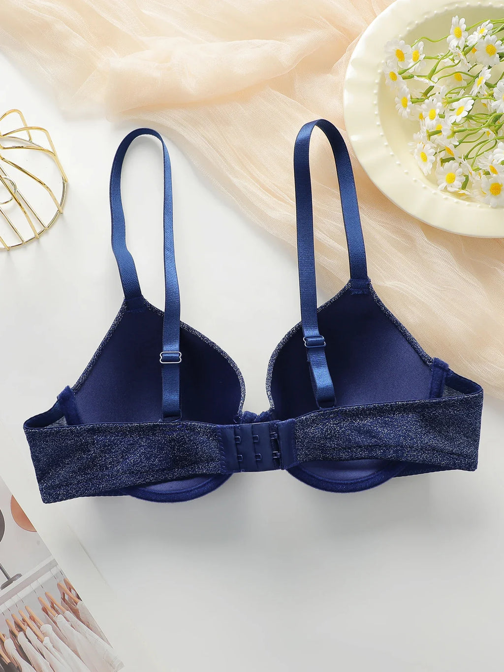 Women's new sexy blue underwear with steel rims gathered push up straps adjustable bra daily comfortable bra J2496