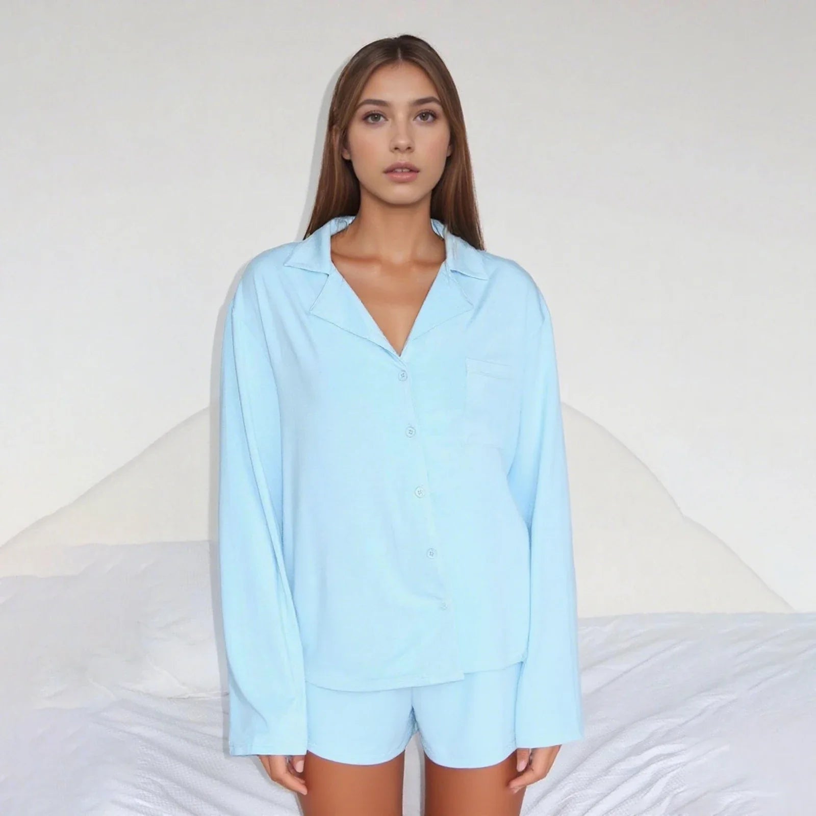 Women Fall 2 Piece Pajamas Set Solid Color Button up Long Sleeves Shirt and Elastic Shorts for Loungewear Soft Sleepwear