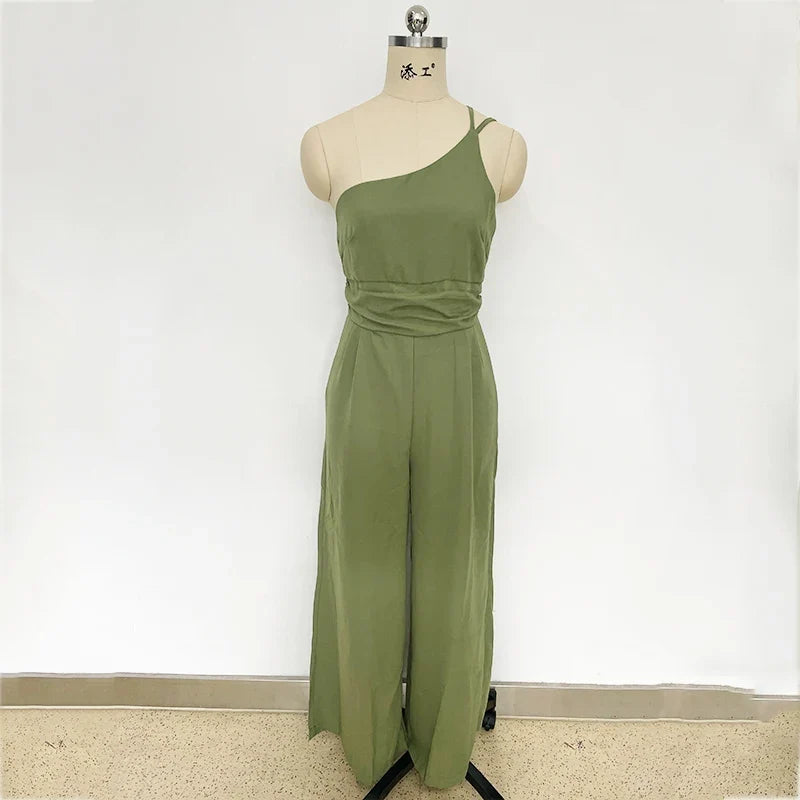 Foridol Waist Folds Backless Double Strap Casual Wide Leg Jumpsuit Long Pants Green 2025 New Female Loose  Jumpsuit
