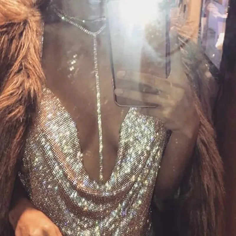 Festival Brilliant Rhinestone Backless Party Crop Top Women 2025 Summer Glitter Evening V Neck Diamonds Metal Tank Tops