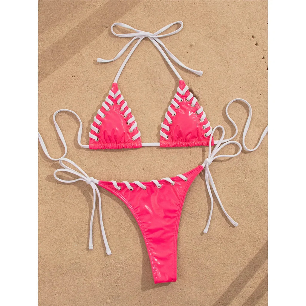 PU Faux Leather Halter Bikini Female Swimsuit Women Swimwear Two-Pieces Bikini Set High Cut Leg Bather Bathing Suit Swim V8095