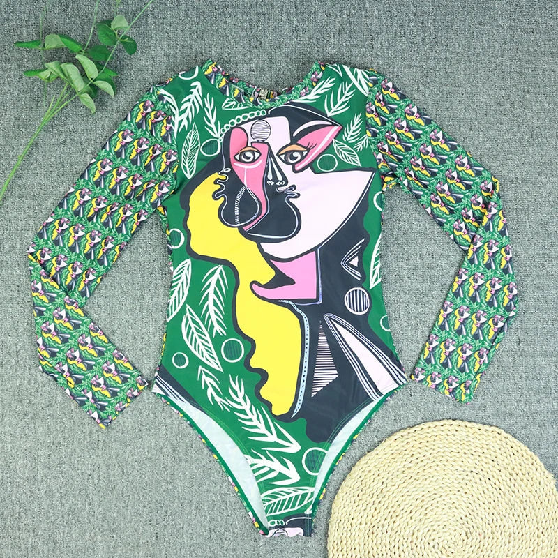 Long Sleeve Swimwear 2024 Surfing Bathing Suit Women Backless Print One Piece Swimsuit Retro Rashguard Monikini Bodysuit