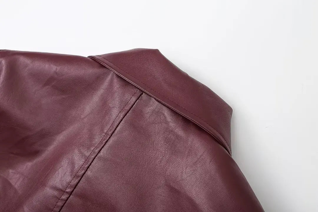 Foridol Wine Red Vintage Faux Leather PU Coat for Women Long Sleeve Turn Down Collar Zipper Autumn Winter Coat Jacket