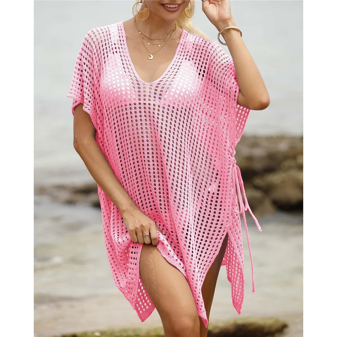 Short Sleeve V Neck Hollow Out Crochet Knitted Tunic Beach Dress Beach Wear Beachwear Beach Cover Up Cover-upsFemale Women V8061