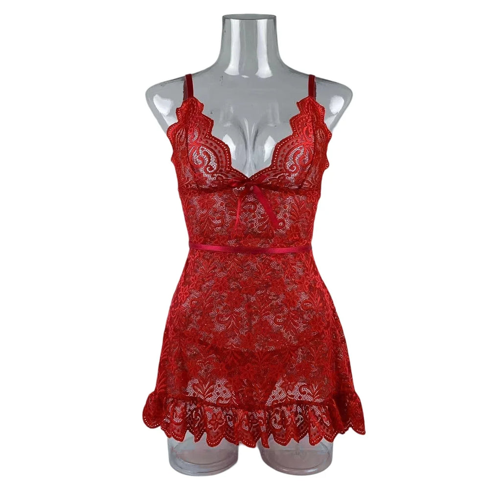 Lace Splicing Perspective Sexy Lingerie Set Erotic Crotchless Sleepwear Pajamas Set Lace Night Dress Nightgown G-string