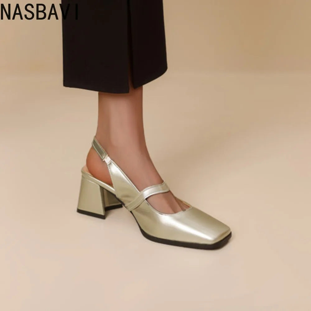 NASBAVI Fashion Women Pumps Slingback Sandals Square Toe Patent Leather Block High Heeled Mary Jane Shoes Ladies Gold Silver
