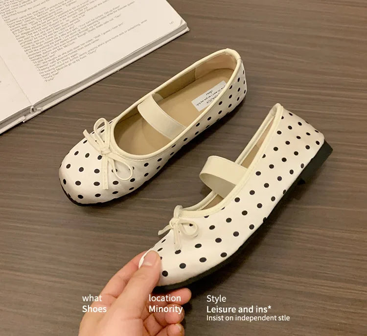 Polka Dot Women Ballet Flats Comfortable Round Toe Elastic Band Shoes Street Style Soft Sole Ladies Eelgant Wedding Dress Shoes