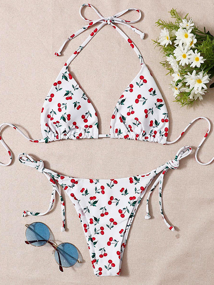 With Mesh Skirt Cherry Printed Bikini Female Swimsuit Women Swimwear Three Pieces Bikini Set Halter Bathing Suit Swim Beachwear