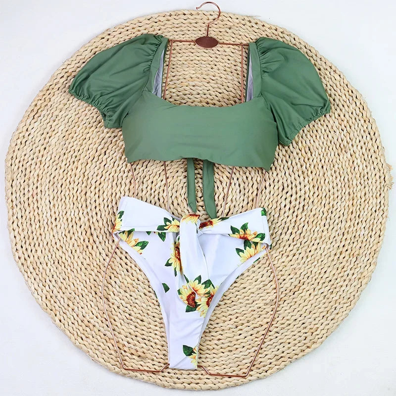 2026 Sexy Bikini Women Push Up Swimwear Swimsuit Leaf Sunflower Print High Waist Bowknot Bubble Sleeves Bikinis Set Bathing Suit