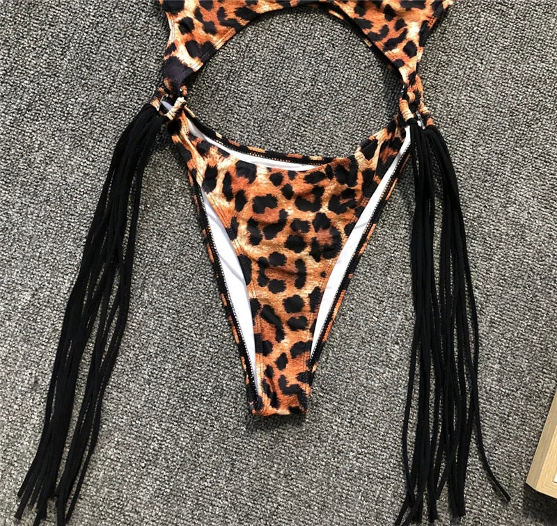 Tummy Cut Out Splicing Fringe Tassel Women Swimwear One Piece Swimsuit Female Monokini High Leg Cut Bathing Suit Swim Beach Wear