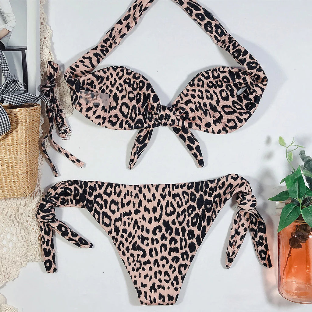 Sexy Leopard Polka Dot Knotted Brazilian Bikini Women Swimwear Female Swimsuit Two-pieces Bikini Set Bather Bathing Suit V643