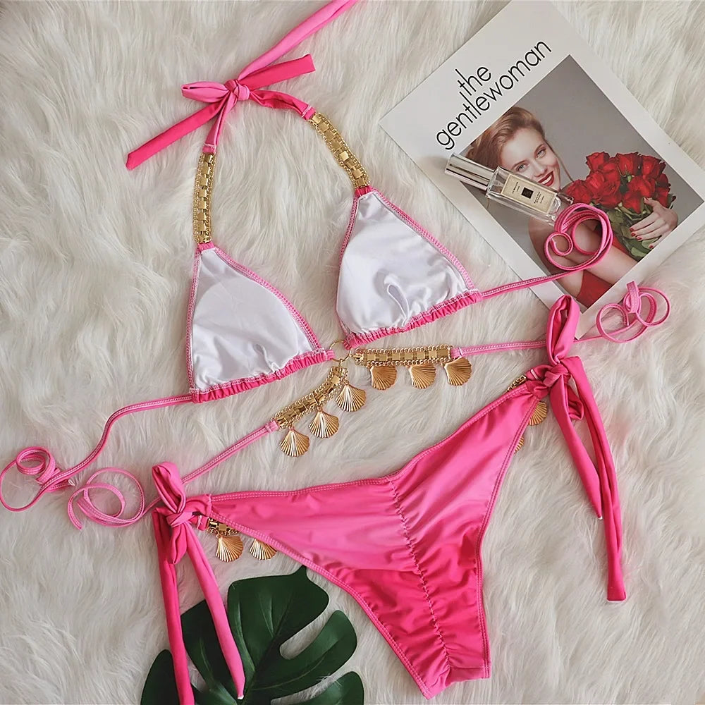 Women's Bikini Sexy Strap Gradient Print Luxury Crystal Diamond Bikini Shell Swimsuit