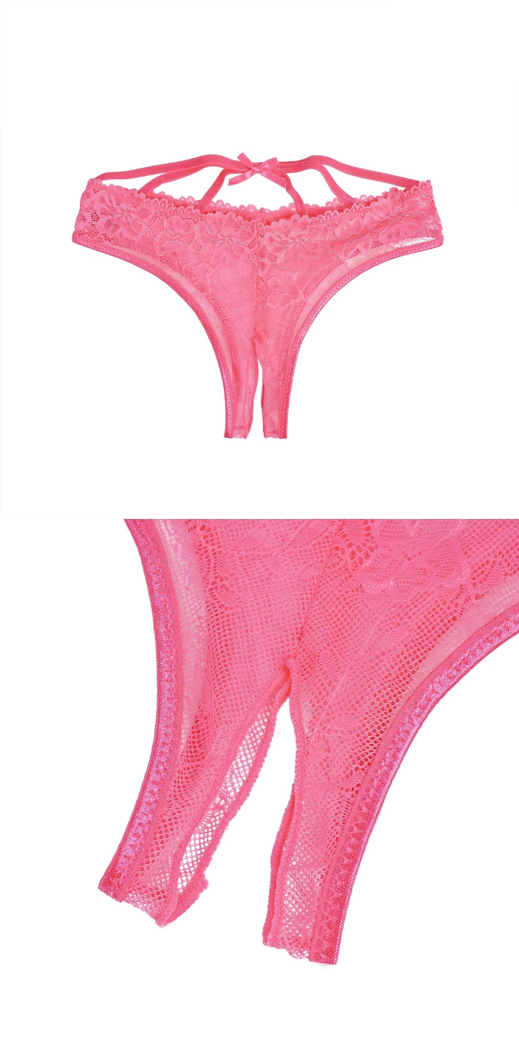 Pink Rose Lace Cross Strap Open Crotch Panty for Women Plus Size Sheer Thong Underwear
