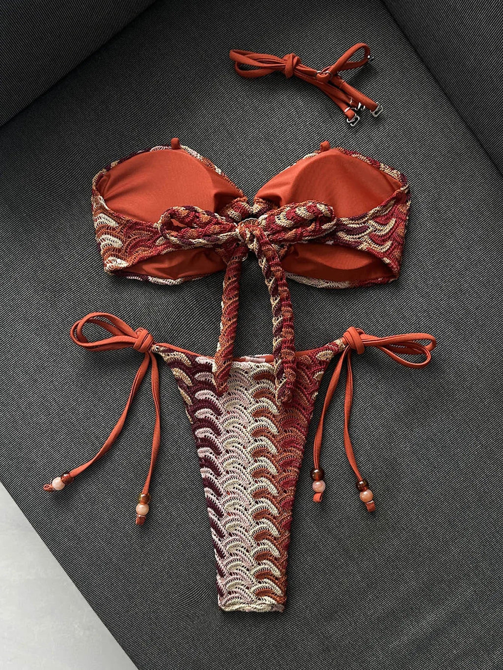 Sexy Coffee Striped Micro Bikini 2026 Women Bandeau Metal Shell Push Up Bra Bandage Thong Swimwear Beach Bathing Suit Swimsuit