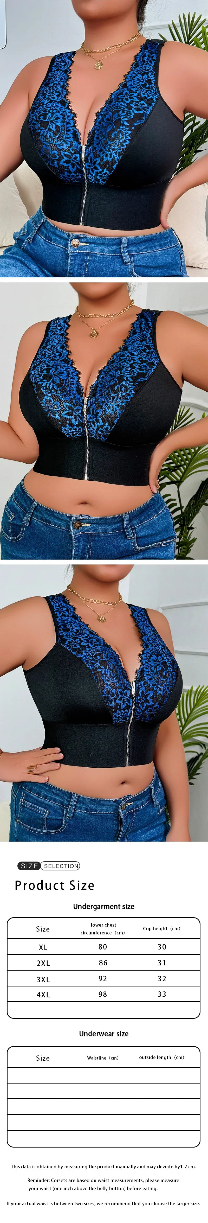 Plus Size Sexy Lingerie Set, Floral Embroidery Front Zipper Plunge Bra, Wireless Push-up New Arrival