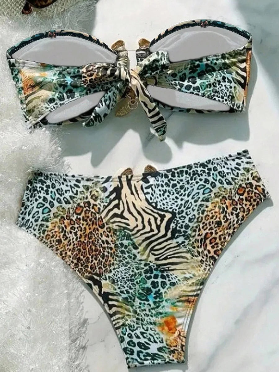 S - XL Leopard Bandeau Bikini Female Swimsuit Women Swimwear Two-pieces Bikini Set Strapless Bather Bathing Suit Swim Beach Wear