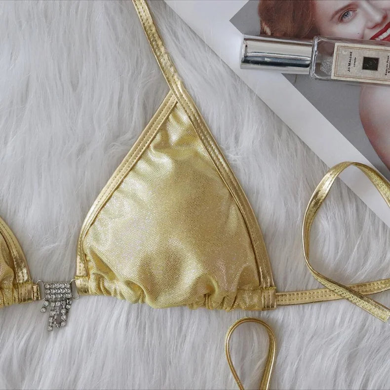 Bikini 2026 Sexy Heart-shaped Rhinestone Tassel Shining Fabric Solid Swimwear Swimsuit Women Bikini Set Bathing Suit Bikini Luxe