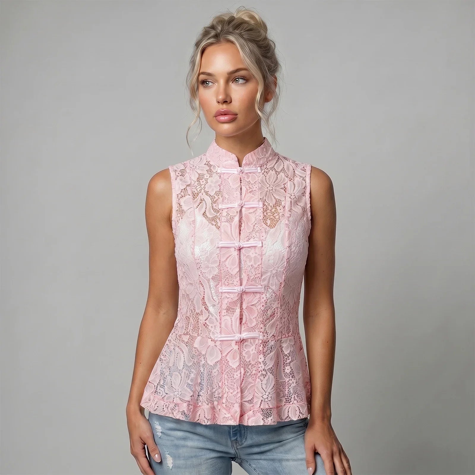 2026 Summer Women's Retro Lace Tops Elegant Mandarin Collar Chinese Frog Buttons Peplum Sleeveless Vest Blouses
